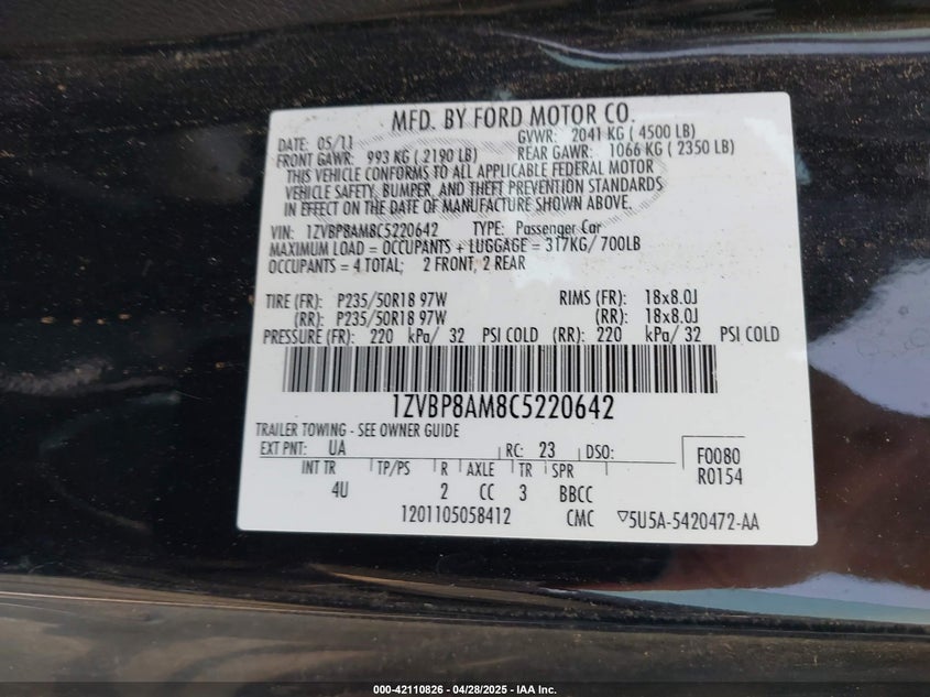 2012 FORD MUSTANG VIN: 1ZVBP8AM8C5220642
