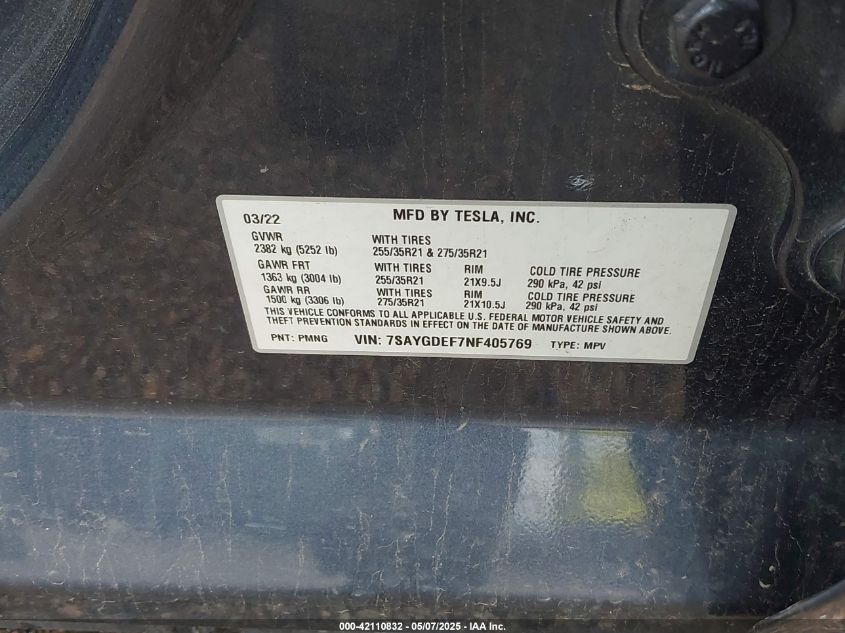 2022 Tesla Model Y Performance Dual Motor All-Wheel Drive VIN: 7SAYGDEF7NF405769 Lot: 42110832