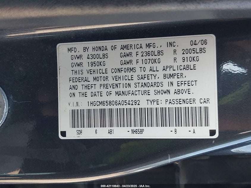 2006 HONDA ACCORD VIN: 1HGCM65806A054292