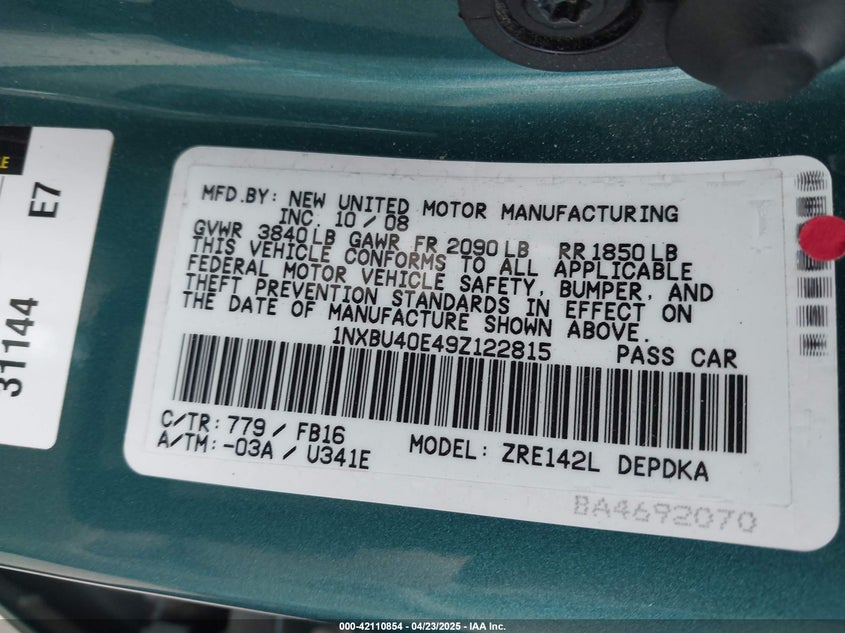 2009 TOYOTA COROLLA VIN: 1NXBU40E49Z122815