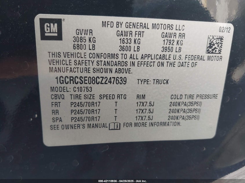 2012 CHEVROLET SILVERADO 1500 VIN: 1GCRCSE08CZ247639