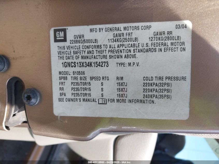 2004 Chevrolet Blazer Ls VIN: 1GNCS13X34K154273 Lot: 42110950