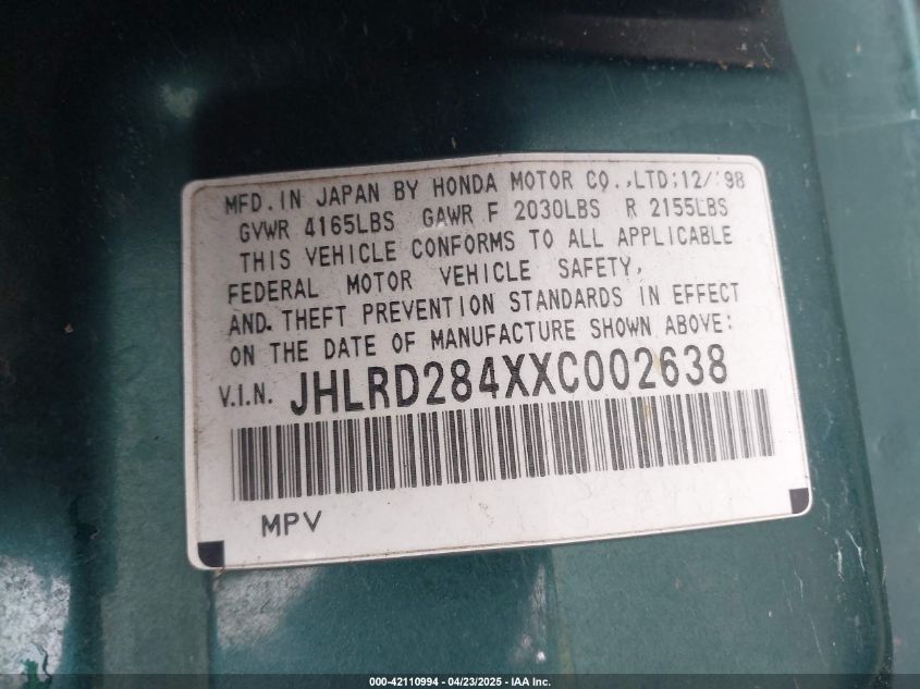 1999 Honda Cr-V Lx VIN: JHLRD284XXC002638 Lot: 42110994