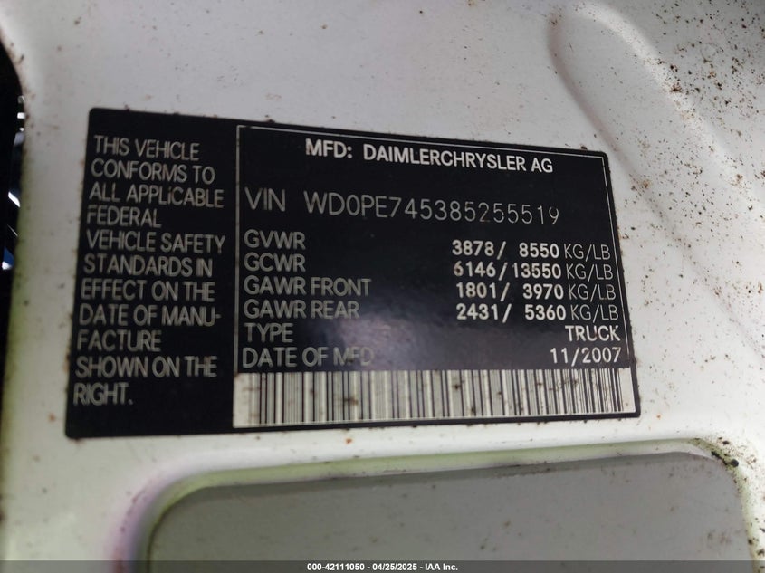 2008 DODGE SPRINTER VAN 2500 VIN: WD0PE745385255519