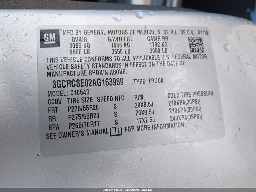 2010 CHEVROLET SILVERADO 1500 VIN: 3GCRCSE02AG163989