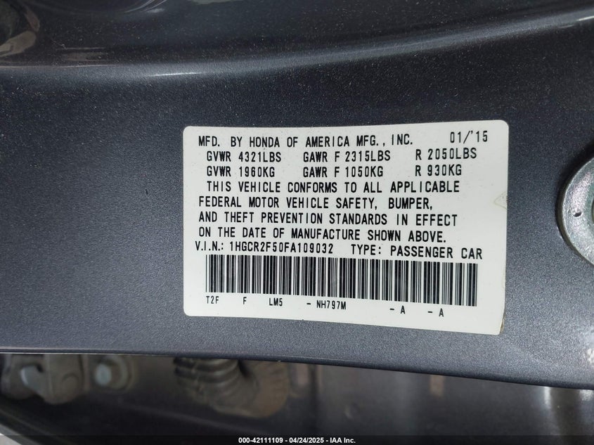 2015 HONDA ACCORD VIN: 1HGCR2F50FA109032