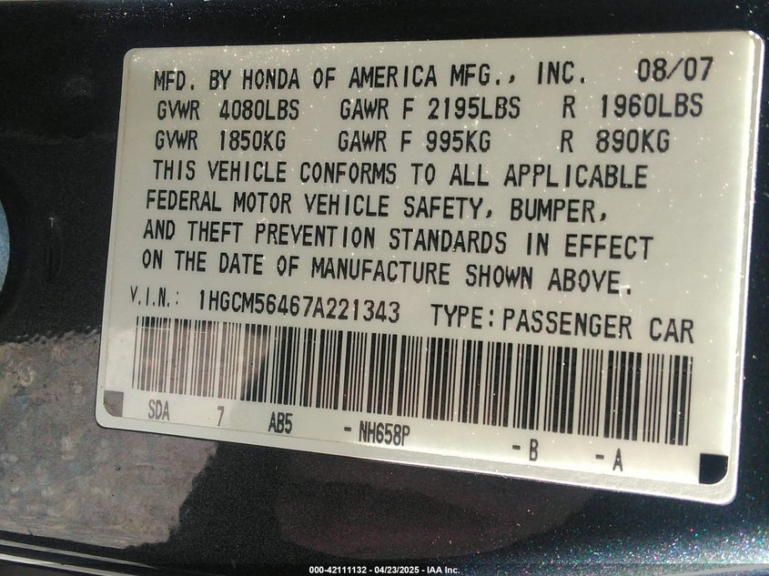 2007 HONDA ACCORD VIN: 1HGCM56467A221343
