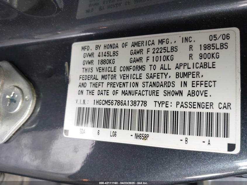 2006 HONDA ACCORD VIN: 1HGCM56786A138778