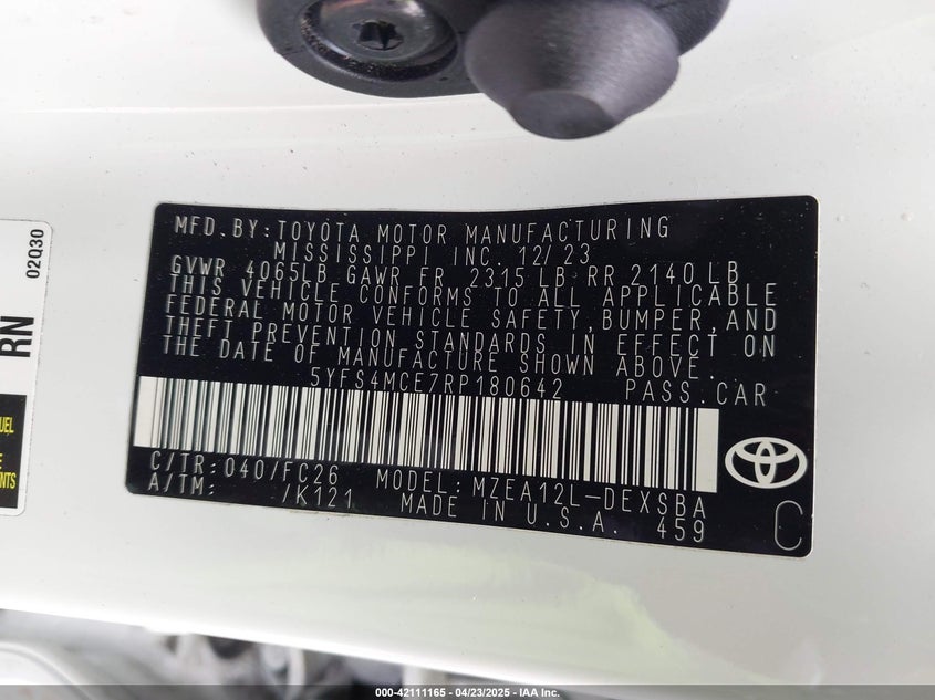 2024 TOYOTA COROLLA VIN: 5YFS4MCE7RP180642