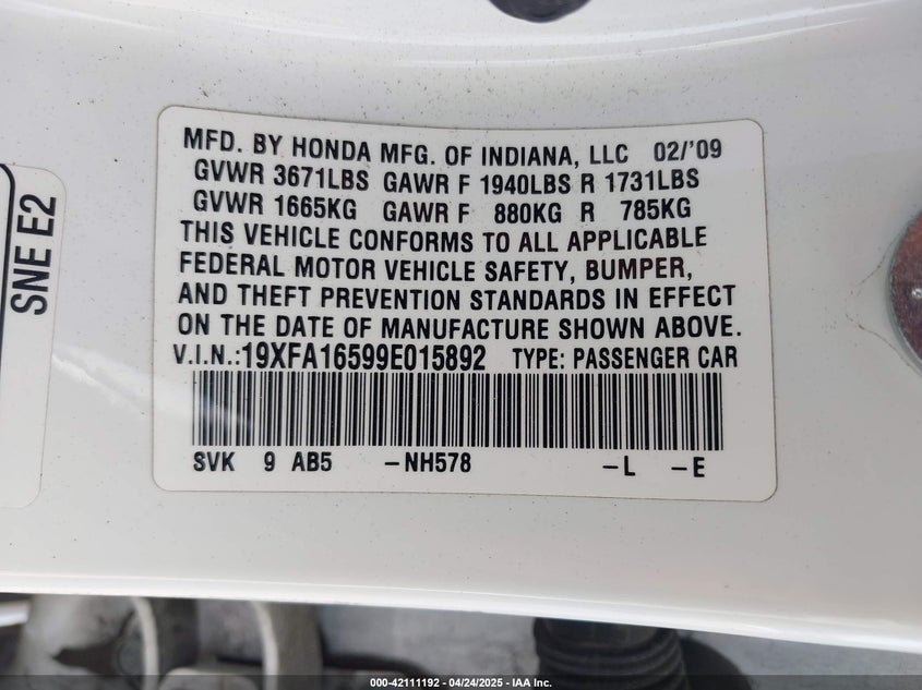 2009 HONDA CIVIC VIN: 19XFA16599E015892