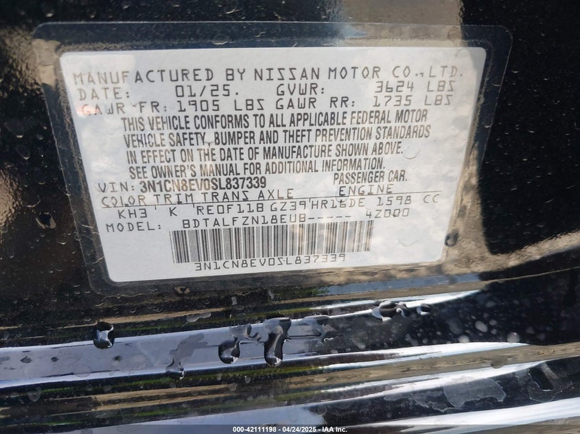 2025 NISSAN VERSA VIN: 3N1CN8EV0SL837339