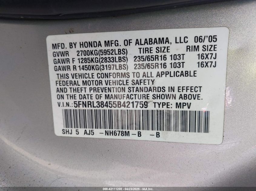 2005 Honda Odyssey Ex VIN: 5FNRL38455B421759 Lot: 42111208