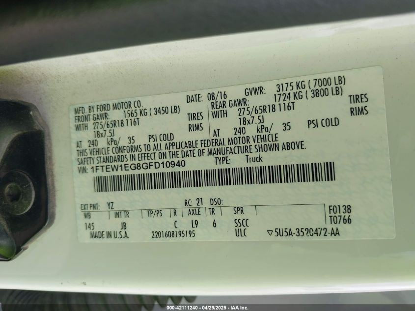 2016 Ford F-150 Xlt VIN: 1FTEW1EG8GFD10940 Lot: 42111240