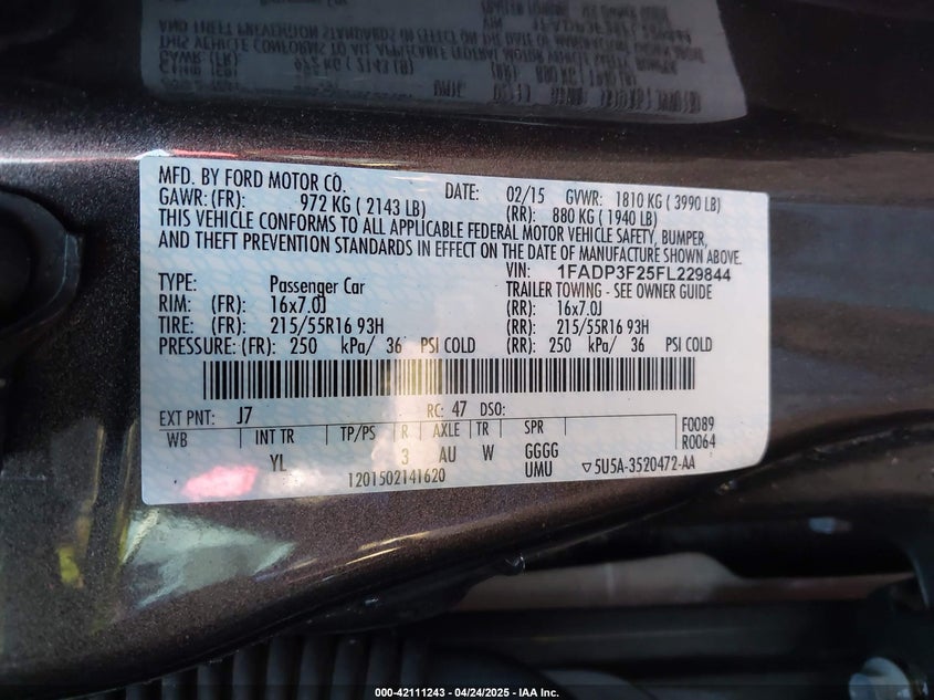 2015 FORD FOCUS VIN: 1FADP3F25FL229844