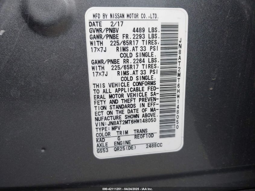 2017 Nissan Rogue Sv VIN: JN8AT2MT6HW148050 Lot: 42111251