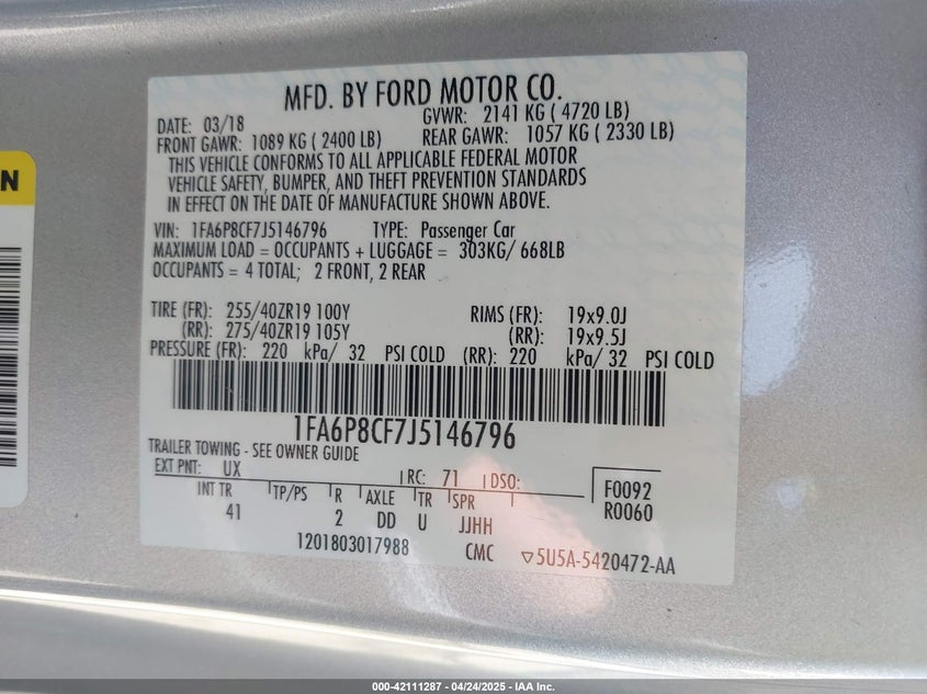 2018 FORD MUSTANG VIN: 1FA6P8CF7J5146796
