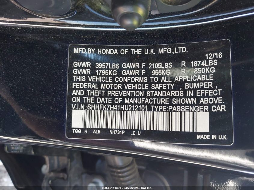 2017 Honda Civic Sport VIN: SHHFK7H41HU212101 Lot: 42111309