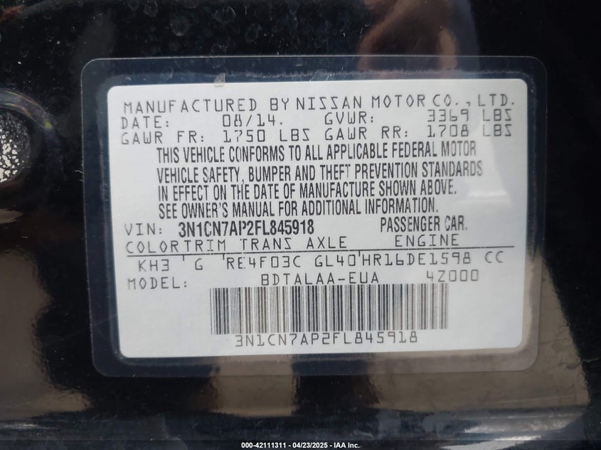 2015 NISSAN VERSA VIN: 3N1CN7AP2FL845918