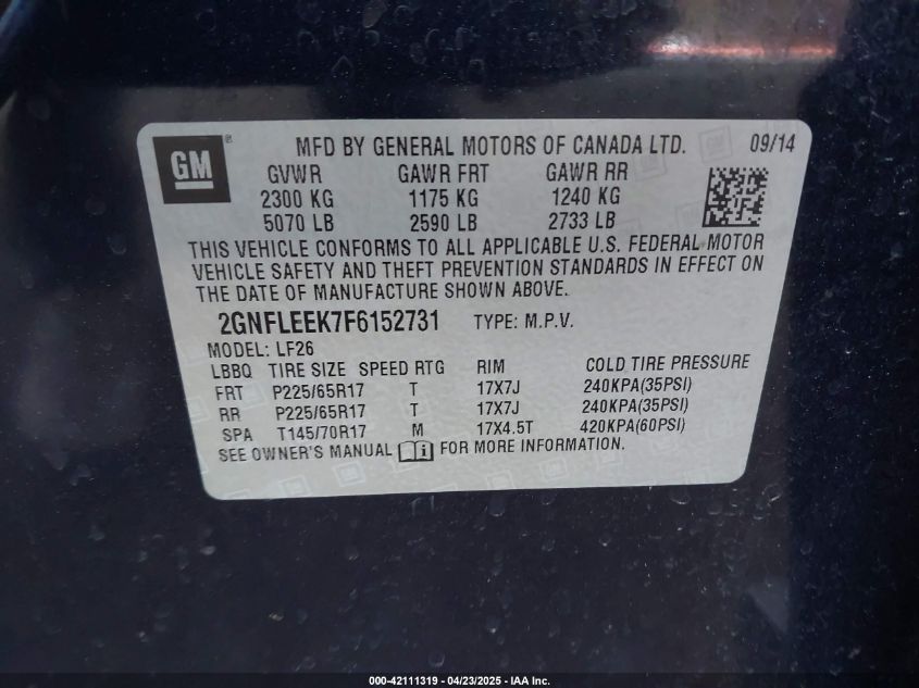 2015 Chevrolet Equinox Ls VIN: 2GNFLEEK7F6152731 Lot: 42111319