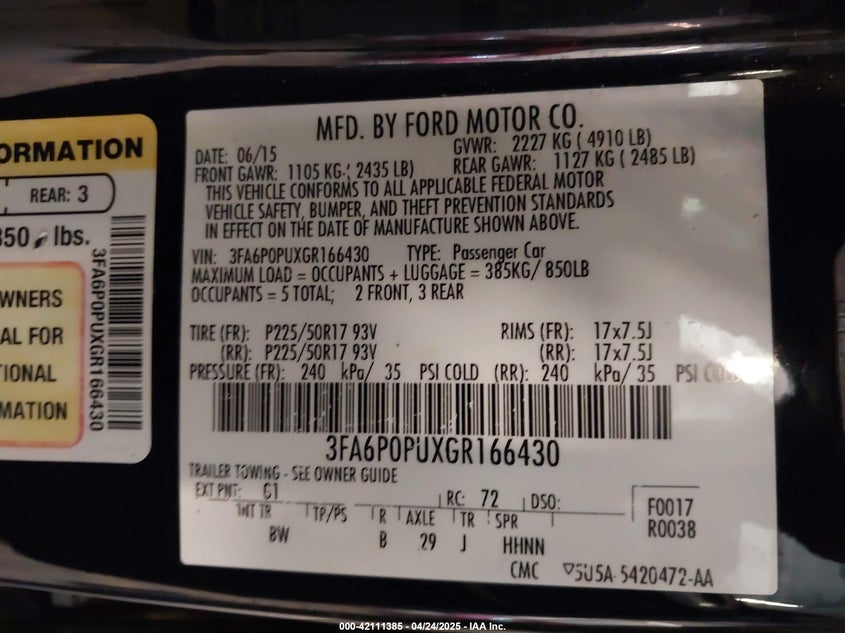 2016 FORD FUSION VIN: 3FA6P0PUXGR166430