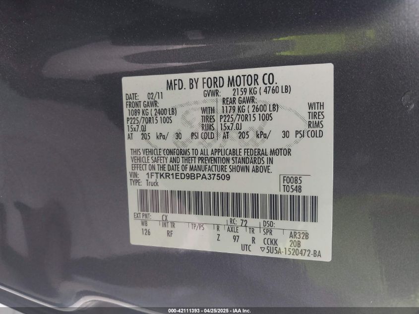 2011 Ford Ranger Xlt VIN: 1FTKR1ED9BPA37509 Lot: 42111393