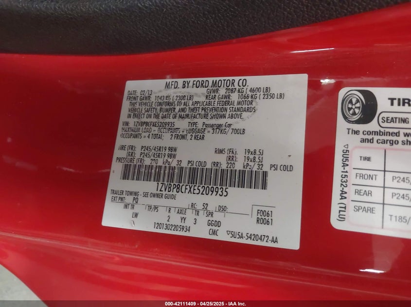2014 FORD MUSTANG VIN: 1ZVBP8CFXE5209935