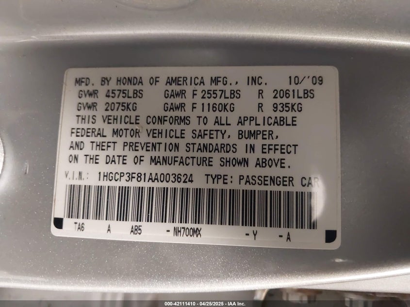 2010 HONDA ACCORD VIN: 1HGCP3F81AA003624