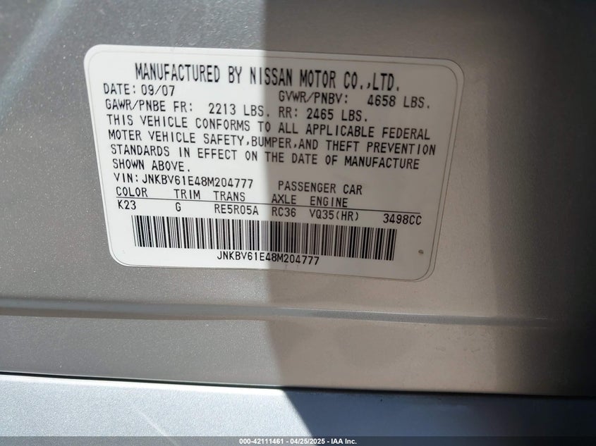 2008 INFINITI G35 VIN: JNKBV61E48M204777