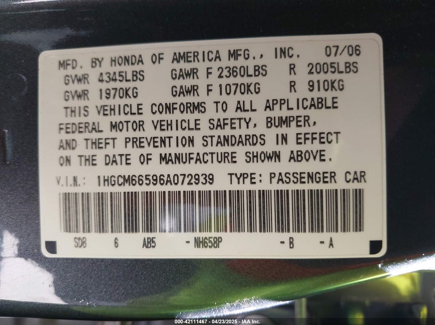 2006 HONDA ACCORD VIN: 1HGCM66596A072939