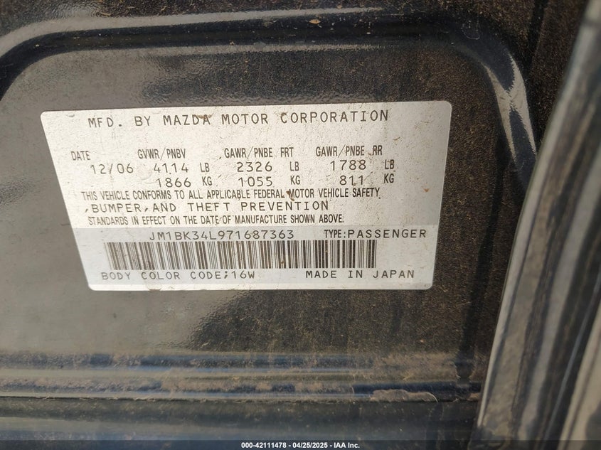 2007 MAZDA MAZDA3 VIN: JM1BK34L971687363
