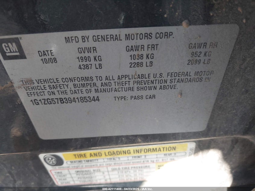 2009 CHEVROLET MALIBU VIN: 1G1ZG57B394185344