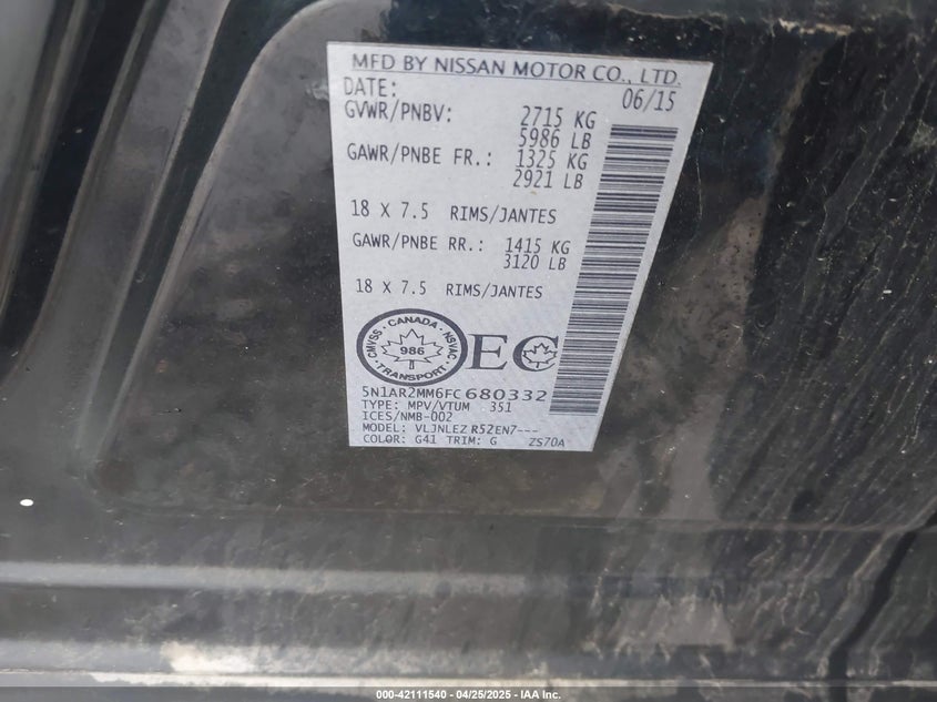 2015 NISSAN PATHFINDER VIN: 5N1AR2MM6FC680332