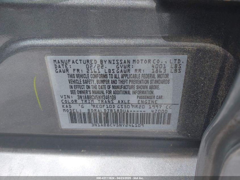 2022 Nissan Sentra Sv Xtronic Cvt VIN: 3N1AB8CV5NY246109 Lot: 42111624