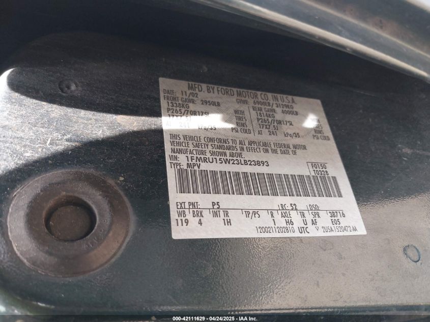 2003 Ford Expedition Xlt VIN: 1FMRU15W23LB23893 Lot: 42111629