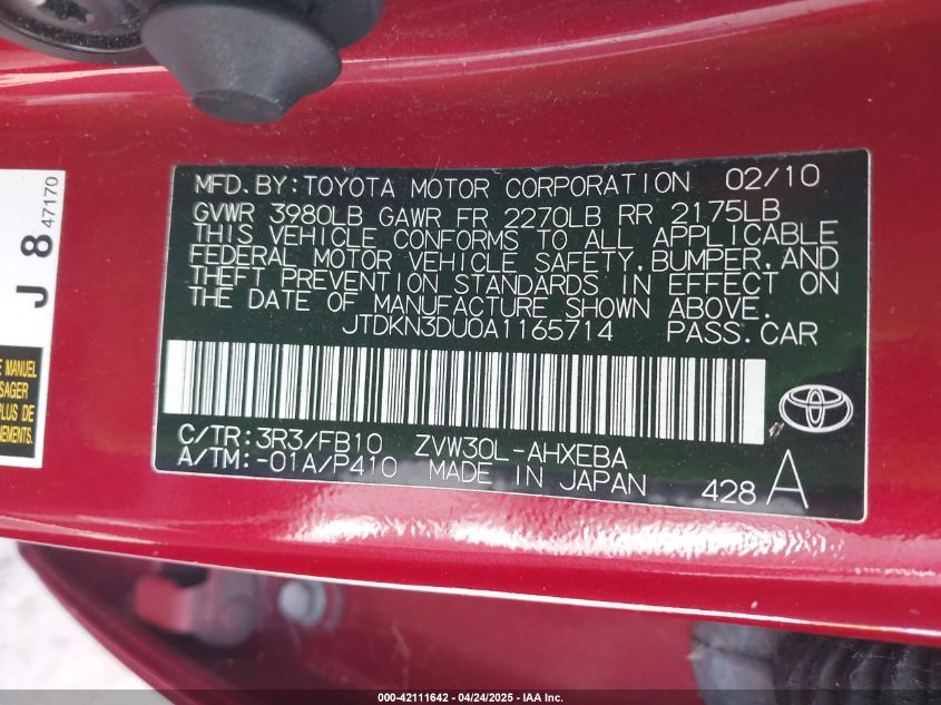 2010 Toyota Prius Iv VIN: JTDKN3DU6A0045857 Lot: 42111642