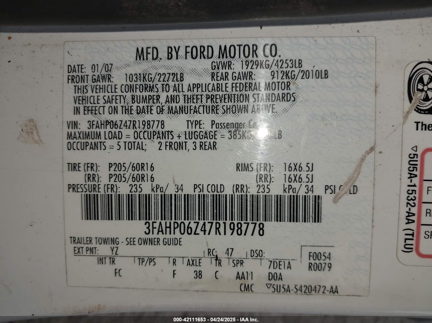 2007 FORD FUSION VIN: 3FAHP06Z47R198778