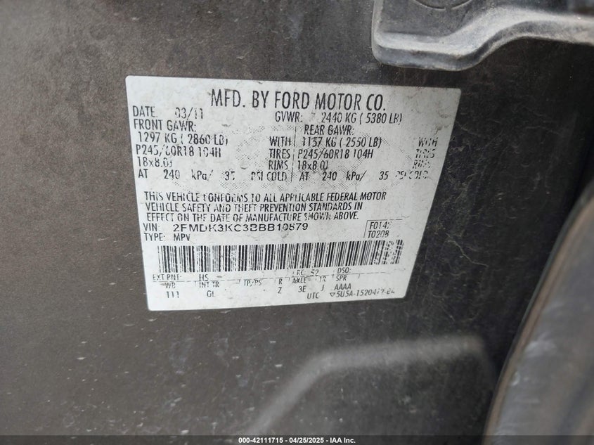 2011 FORD EDGE VIN: 2FMDK3KC3BBB10879