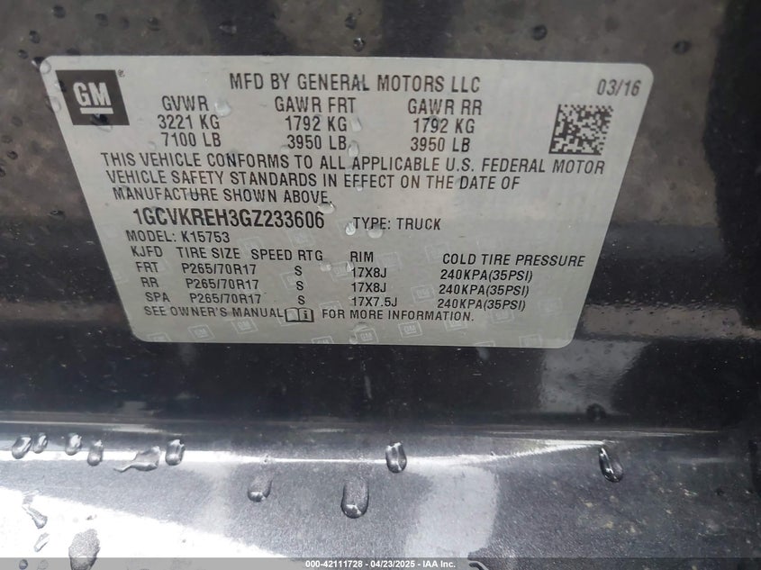 2016 CHEVROLET SILVERADO 1500 VIN: 1GCVKREH3GZ233606