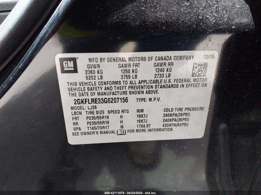 2016 GMC Terrain Denali VIN: 2GKFLRE33G6207156 Lot: 42111878