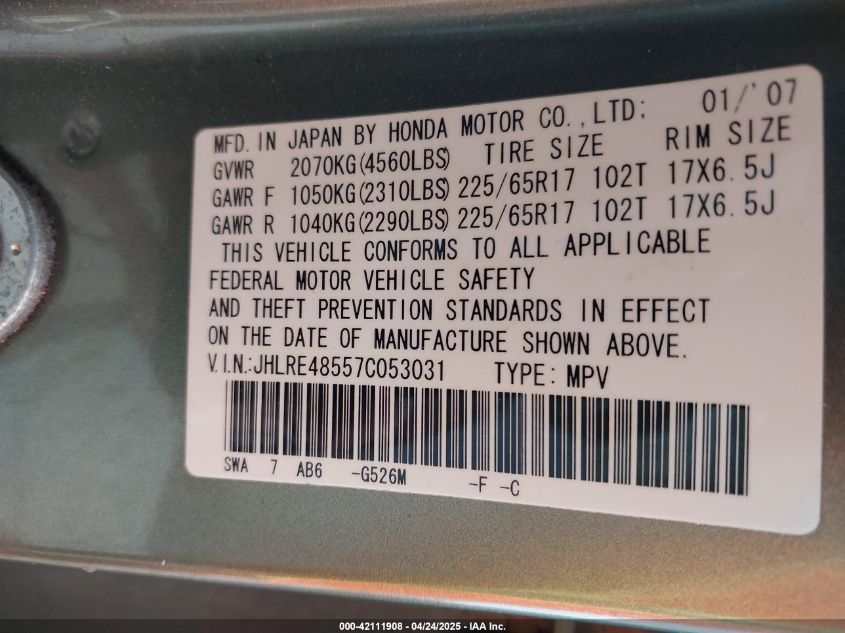 2007 Honda Cr-V Ex VIN: JHLRE48557C053031 Lot: 42111908