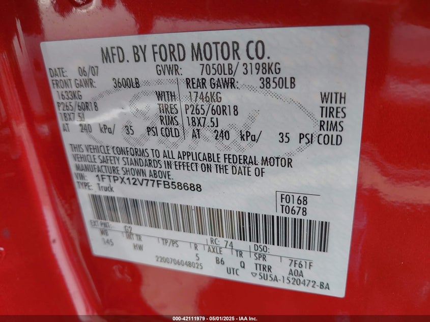 2007 FORD F-150 VIN: 1FTPX12V77FB58688