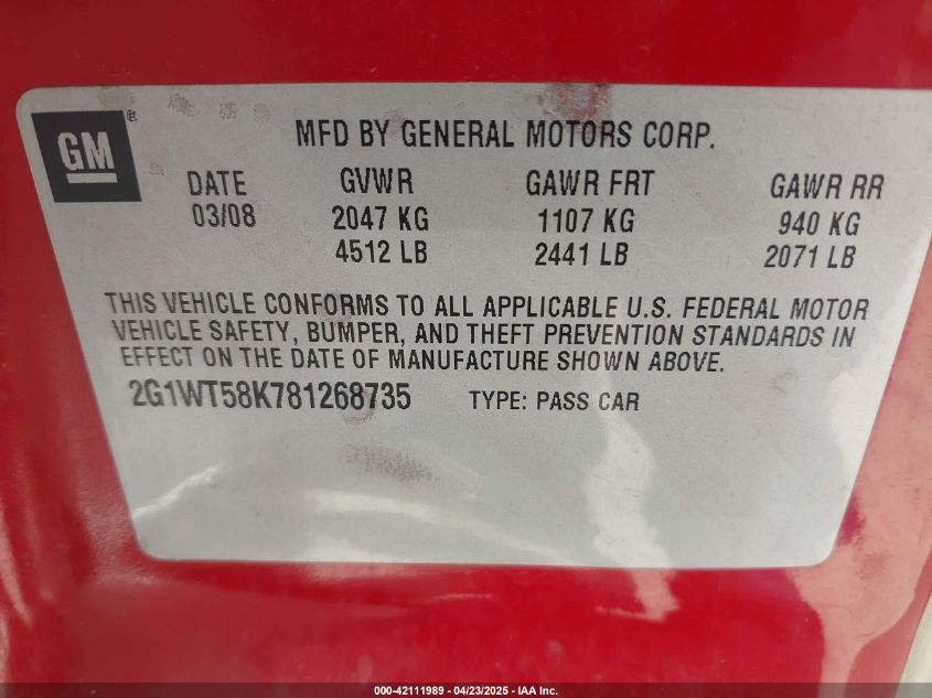 2008 Chevrolet Impala Lt VIN: 2G1WT58K781268735 Lot: 42111989