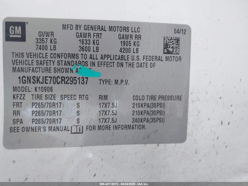 2012 CHEVROLET SUBURBAN 1500 VIN: 1GNSKJE70CR295137