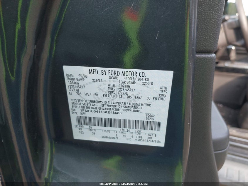 2008 FORD ESCAPE VIN: 1FMCU04118KE48683
