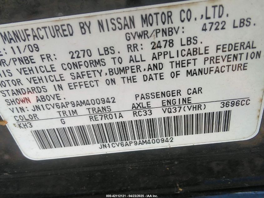 2010 Infiniti G37 Journey VIN: JN1CV6AP9AM400942 Lot: 42112121