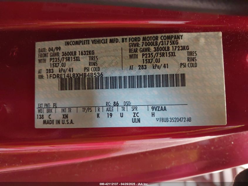 1999 Ford E-150 Commercial/Recreational VIN: 1FDRE14L8XHB48536 Lot: 42112137