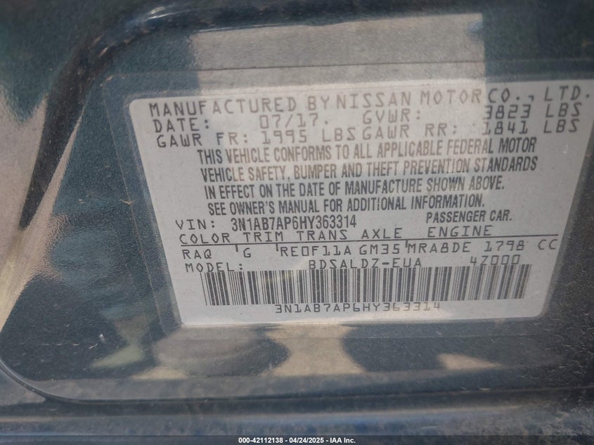 2017 NISSAN SENTRA VIN: 3N1AB7AP6HY363314