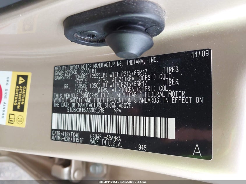 2010 TOYOTA HIGHLANDER VIN: 5TDBK3EH9AS005618