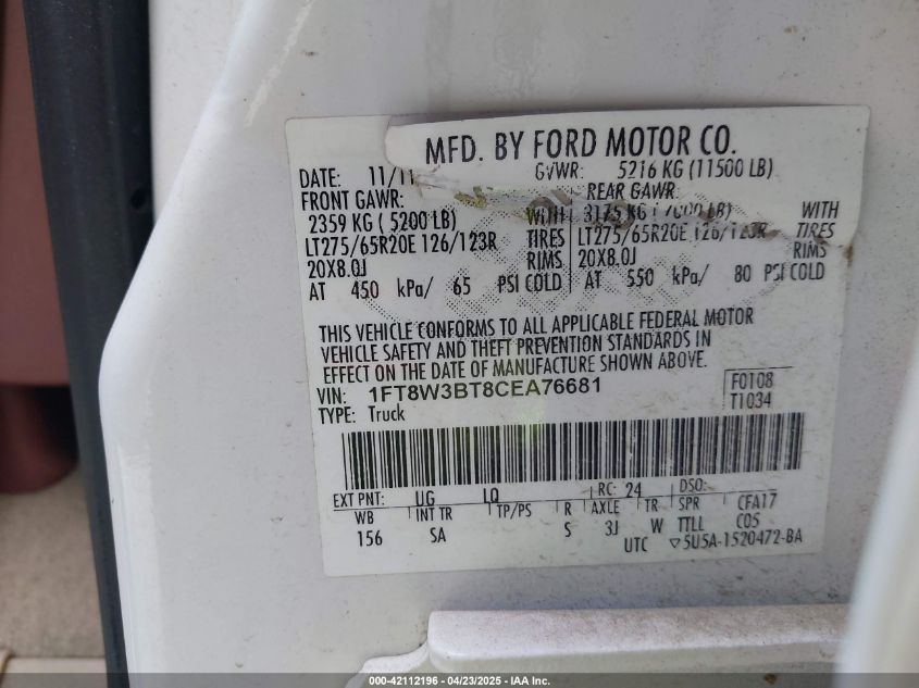 2012 Ford F-350 Lariat VIN: 1FT8W3BT8CEA76681 Lot: 42112196