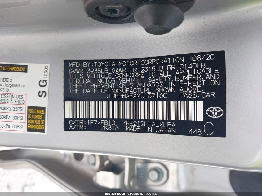 VIN JTDEPMAEXMJ137160 2021 TOYOTA COROLLA LE